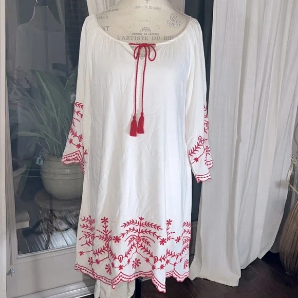 CC Chic Connection white tunic long shirt red embroidery tassel tie dress Small​ - Picture 9 of 16